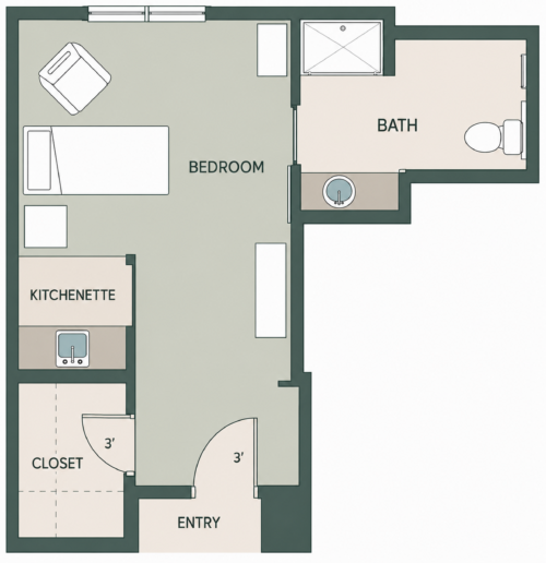 Top-down floor plan showing a bedroom (bed and chair) adjacent to a kitchenette, with a closet, entry, and separate bath containing a sink and toilet.