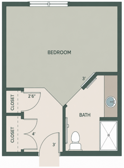 Floor plan: large bedroom at top, with a left closet area and a small bath on the right, connected via a central hallway.
