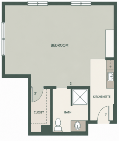 Floor plan of a bedroom suite with a central bedroom, left closet, bottom bath, and right kitchenette showing doors and fixtures.